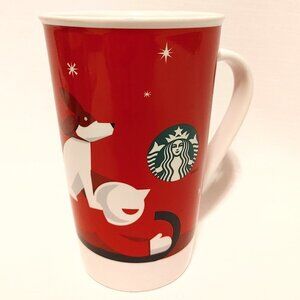 RARE 2011 STARBUCKS Christmas Mug Red Holiday DOG BOY Sled 16oz 473ml